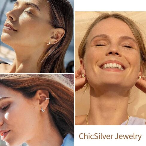 ChicSilver 925 Sterling Silver Cubic Zirconia Small Huggie Hoop Earrings for Women, Diameter 10MM, Silver/Gold/Rose Gold in Saudi Arabia