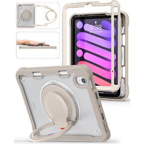 BRAECN iPad Mini 6 Case,Cover for Kids 8.3 inch 2021 iPad Mini 6th Gen, Shockproof Dropproof Rugged Protective Case with Pen Holder Carrying Shoulder Strap Ring, 360 Rotating Stand, Lavender Grey