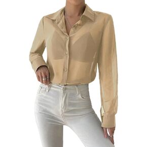 Verdusa Women's Sheer Mesh Button Up Shirt Long Sleeve See Through Blouse in Kuwait