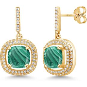 Gem Stone King 18K Yellow Gold Plated Silver Green Malachite and White Moissanite Dangle Earrings For Women (6.71 Cttw, Cushion 8MM)