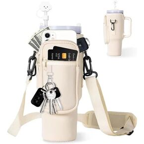 Insulated Neoprene Tumbler Bag, Stanley 40oz Compatible, Zipper Cell Phone Pocket, Key Hook and Adjustable Strap.