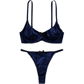 SweatyRocks Women's Sexy Velvet Underwire Bra and Panty Set Bow Knot 2 Piece Lingerie Set