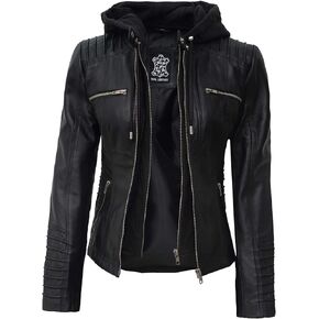 fjackets Womens Leather Jacket - Real Lambksin Bomber Leather Jacket Women With Removable Hood