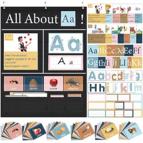All About Letter Pocket Chart Letter of The Day Week Chart 103 ABC Flash Cards 34" x 27" Alphabet Learning Educational Wall Chart Letter Tracing for Kids Classroom Homes Learning Activities