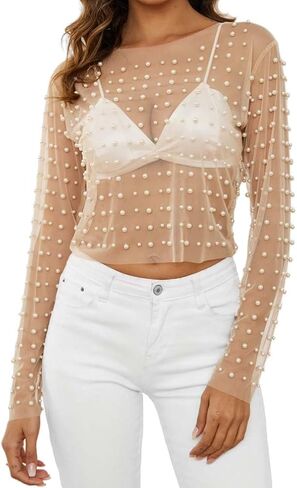 Fuimsul Women Sexy Mesh Sheer Pearl Rhinestone Crop Tee Shirt Summer See Through Long Sleeve Slim Fitted Solid T Shirt in Kuwait