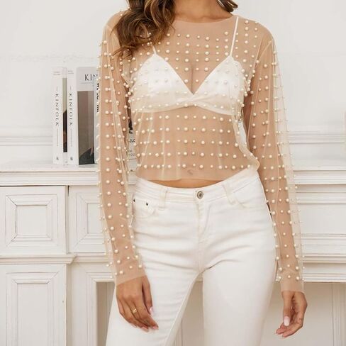 Fuimsul Women Sexy Mesh Sheer Pearl Rhinestone Crop Tee Shirt Summer See Through Long Sleeve Slim Fitted Solid T Shirt in Kuwait