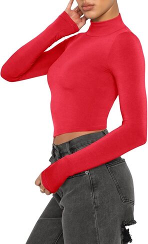 REORIA Women's Cute Mock Turtleneck Long Sleeve Ribbed Tight Tshirts Crop Tops in Kuwait