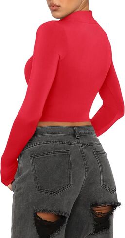 REORIA Women's Cute Mock Turtleneck Long Sleeve Ribbed Tight Tshirts Crop Tops in Kuwait