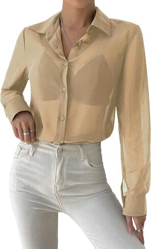 Verdusa Women's Sheer Mesh Button Up Shirt Long Sleeve See Through Blouse in Kuwait