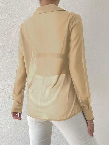 Verdusa Women's Sheer Mesh Button Up Shirt Long Sleeve See Through Blouse in Kuwait
