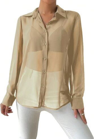 Verdusa Women's Sheer Mesh Button Up Shirt Long Sleeve See Through Blouse in Kuwait