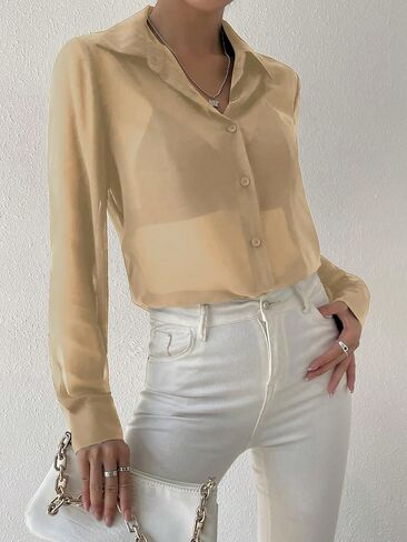 Verdusa Women's Sheer Mesh Button Up Shirt Long Sleeve See Through Blouse in Kuwait