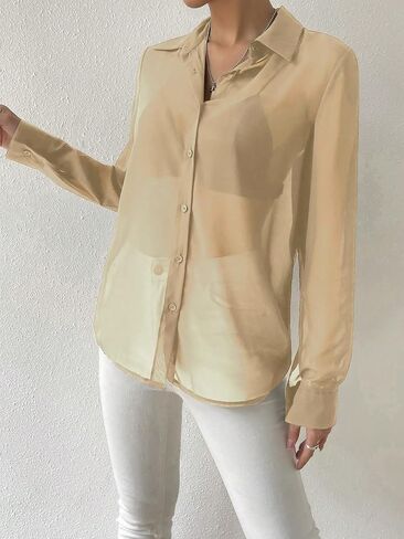Verdusa Women's Sheer Mesh Button Up Shirt Long Sleeve See Through Blouse in Kuwait