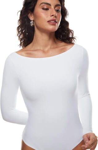INLYRIC Women's Cozzifree Long Sleeve Bodysuit Boat Neck Stretchy Basic Tops in Kuwait