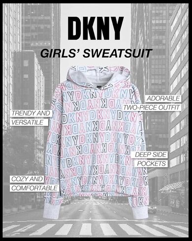 طقم بدلة رياضية للفتيات من DKNY - قطعتان من سويت شيرت صوف بقلنسوة وبنطلون رياضي (12M-16) in Kuwait