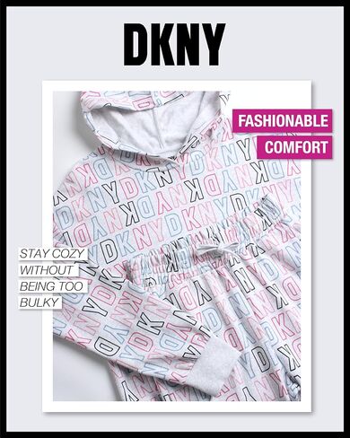 طقم بدلة رياضية للفتيات من DKNY - قطعتان من سويت شيرت صوف بقلنسوة وبنطلون رياضي (12M-16) in Kuwait