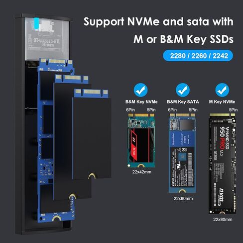 محول حاوية M.2 NVME SATA SSD من الألومنيوم، USB 3.2 Gen 2 (10 جيجابت في الثانية) إلى NVME PCI-E SATA M-Key/(B+M) محرك أقراص الحالة الصلبة، M.2 إلى USB C&A حاوية خارجية لـ 2242/2260 /2280 in Saudi Arabia