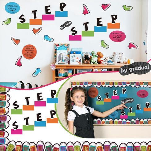 Fulmoon 64 Pcs Shoes Bulletin Board Sets Religious Step by Gradual Step Cutouts First Communion Shoes Border Trims for Sunday School Classroom Decor Christian Educational Learning Activities in Saudi Arabia