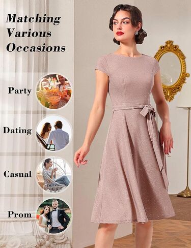 فساتين Dressystar الرسمية للنساء الترتر خمر 1950s ريترو كاب كم كوكتيل مساء حفل زفاف حفلة موسيقية اللباس in Kuwait