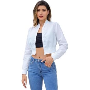 WDIRARA Women's Solid Zip Up Long Sleeve Bomber Jacket Cropped Lightweight Jackets