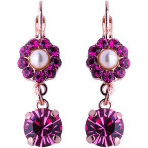 Mariana Roxanne Rose Goldtone Earrings Faux Pearl Fuchsia Flower with Rose Dangle 1166