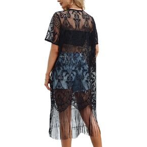 SOLY HUX Women's Plus Size Lace Fringe Trim Cover Up Short Sleeve Open Front Cardigans Kimono for swimwear