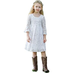 Bow Dream Girls Lace Flower Dress Casual Crew Neck Floral A-Line Party Dress