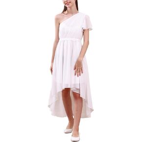 فستان GORLYA للفتيات بكتف واحد وأكمام مكشكشة أنيق بحاشية عالية ومنخفضة لحفلات الزفاف وطويل من الشيفون الانسيابي 10-16 سنة in Kuwait