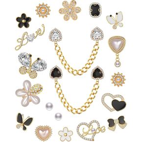 20Pcs Bling Shoe Charms for Women Designer Jewels Shoe Decoration Cute Flower Bow Heart Gems Chain Butterfly Pearl Rhinestone Shoe Charms Luxury Clog Charms Accessories Jewelry (Gold)