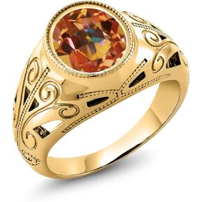 Gem Stone King Men's 18K Yellow Gold Plated Silver Oval Ecstasy Mystic Topaz Ring (5.00 Cttw, Gemstone Birthstone, Available In Size 7, 8, 9, 10, 11, 12, 13)