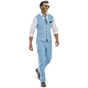 Casual Linen Beige Men's 2 Piece Suits Wedding Suits Slim Fit Groomsmen Tuxedos Prom Waistcoat Summer Linen Vest+Pant