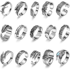 15PCS Vintage Rings for Men Adjustable Retro Gothic Rings Cool Sliver Punk Open Ring Angel Wings Finger Rings Pack