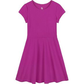 Girls Skater Dress Toddler Summer Dress Cotton Casual Short Sleeve Twirly Solid Color for Kids 2-12 Years