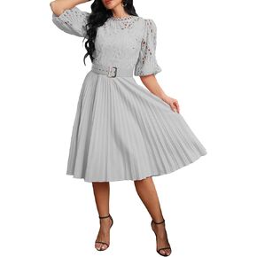 IWFEV Lace Pleated Dress Puff Sleeve Mid-Calf Short Sleeve Midi Dress Hollow Party Evening Dress