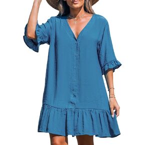 CUPSHE Women's V Neck Ruffled Cover Up Button Down Bathing Suit Beach Dress with Short Sleeves