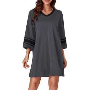 Vrtige Women's Casual Cotton Striped V Neck 3/4 Sleeve Nightgown Nightshirt Sleepwear