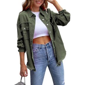 Perbai Womens Oversized Ripped Denim Jacket Frayed Hem Button Front Boyfriend Jean Coat Western Shacket with Pockets