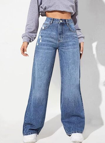 Astylish Womens Baggy Wide Leg Casual Jeans Crossover Waisted Stretchy Boyfriend Y2K Denim Pants in Kuwait