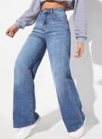 Astylish Womens Baggy Wide Leg Casual Jeans Crossover Waisted Stretchy Boyfriend Y2K Denim Pants in Kuwait