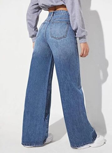 Astylish Womens Baggy Wide Leg Casual Jeans Crossover Waisted Stretchy Boyfriend Y2K Denim Pants in Kuwait