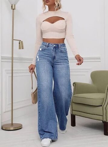 Astylish Womens Baggy Wide Leg Casual Jeans Crossover Waisted Stretchy Boyfriend Y2K Denim Pants in Kuwait