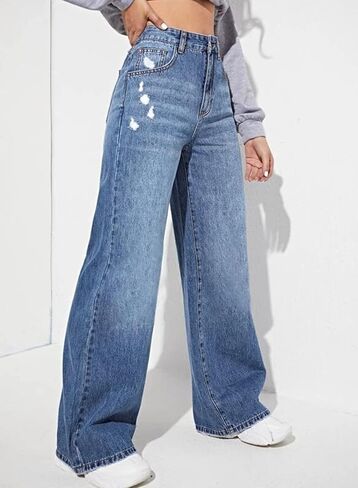 Astylish Womens Baggy Wide Leg Casual Jeans Crossover Waisted Stretchy Boyfriend Y2K Denim Pants in Kuwait