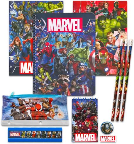 حزمة قيمة من اللوازم المدرسية من Marvel Avengers ~ 11 قطعة من دفاتر الملاحظات وقلم الرصاص والأقلام والمجلدات والمزيد in Saudi Arabia
