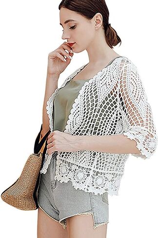 Women's Lace Cardigan Floral Crochet Sheer Beach Cover Ups Long Kimono with Half Sleeves in Saudi Arabia