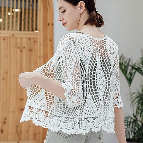 Women's Lace Cardigan Floral Crochet Sheer Beach Cover Ups Long Kimono with Half Sleeves in Saudi Arabia