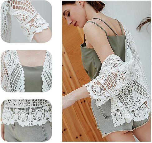 Women's Lace Cardigan Floral Crochet Sheer Beach Cover Ups Long Kimono with Half Sleeves in Saudi Arabia