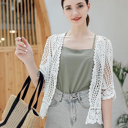 Women's Lace Cardigan Floral Crochet Sheer Beach Cover Ups Long Kimono with Half Sleeves in Saudi Arabia