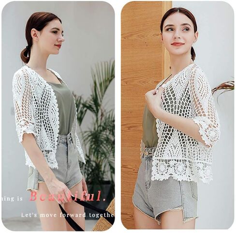Women's Lace Cardigan Floral Crochet Sheer Beach Cover Ups Long Kimono with Half Sleeves in Saudi Arabia