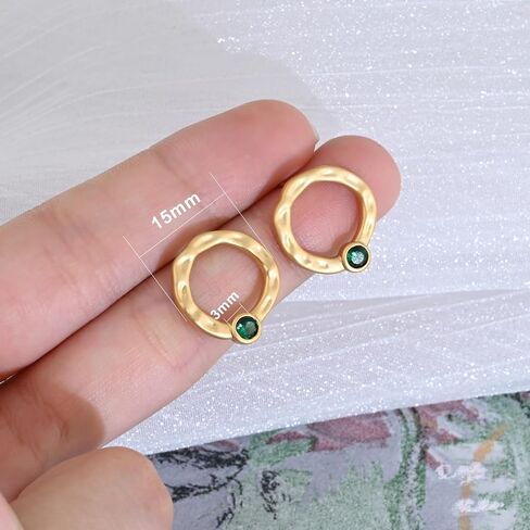 Gold Hammered Circle Stud Earrings Dainty Gold Plated Emerald Earrings for Women Trendy Round Earrings with Sterling Silver Post for Gift in Saudi Arabia