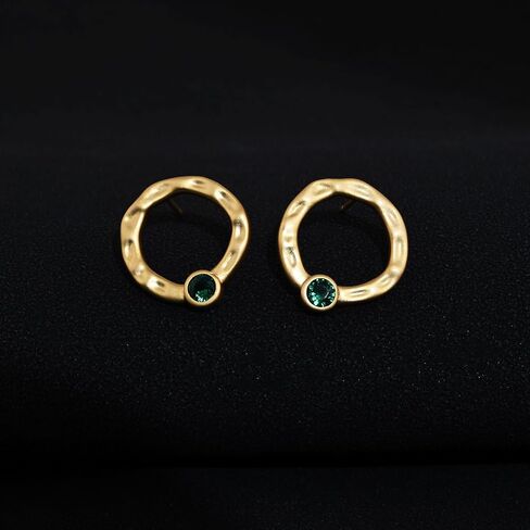 Gold Hammered Circle Stud Earrings Dainty Gold Plated Emerald Earrings for Women Trendy Round Earrings with Sterling Silver Post for Gift in Saudi Arabia